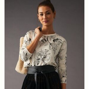 Maeve by Anthropologie Long Sleeve Printed Tee Floral Black White Size M NWT